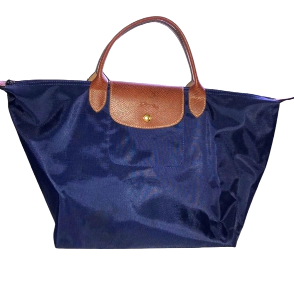 Longchamp L Tote Bag Blue Vinyl Leather Fold & Snap Le Pliage
